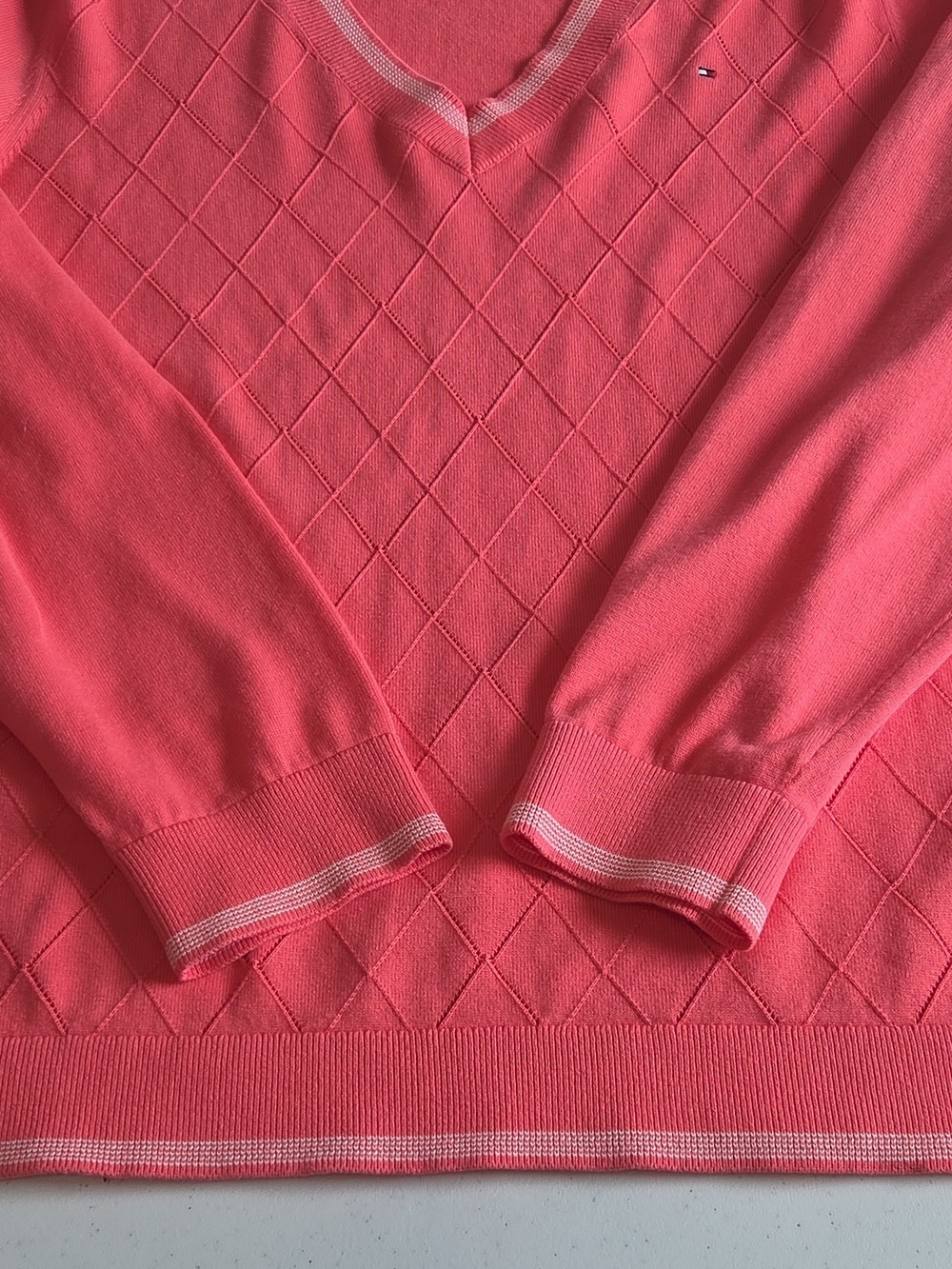 Tommy Hilfiger Women's V-Neck Coral Pink Argyle Knit Cotton Preppy Sweater XXL - Picture 5 of 9